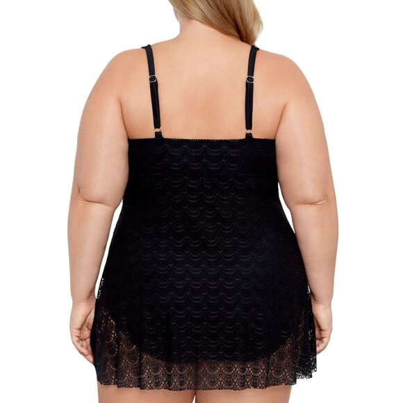 NWT Swim Solutions Tummy Control Scallop Swimdress One Piece Swimsuit Black 16W - Picture 2 of 7
